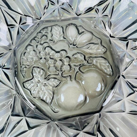 Vintage Carnival Glass Fruit Bowl Iridescent Clear Gray Scalloped Diamond Rim - Picture 6 of 10